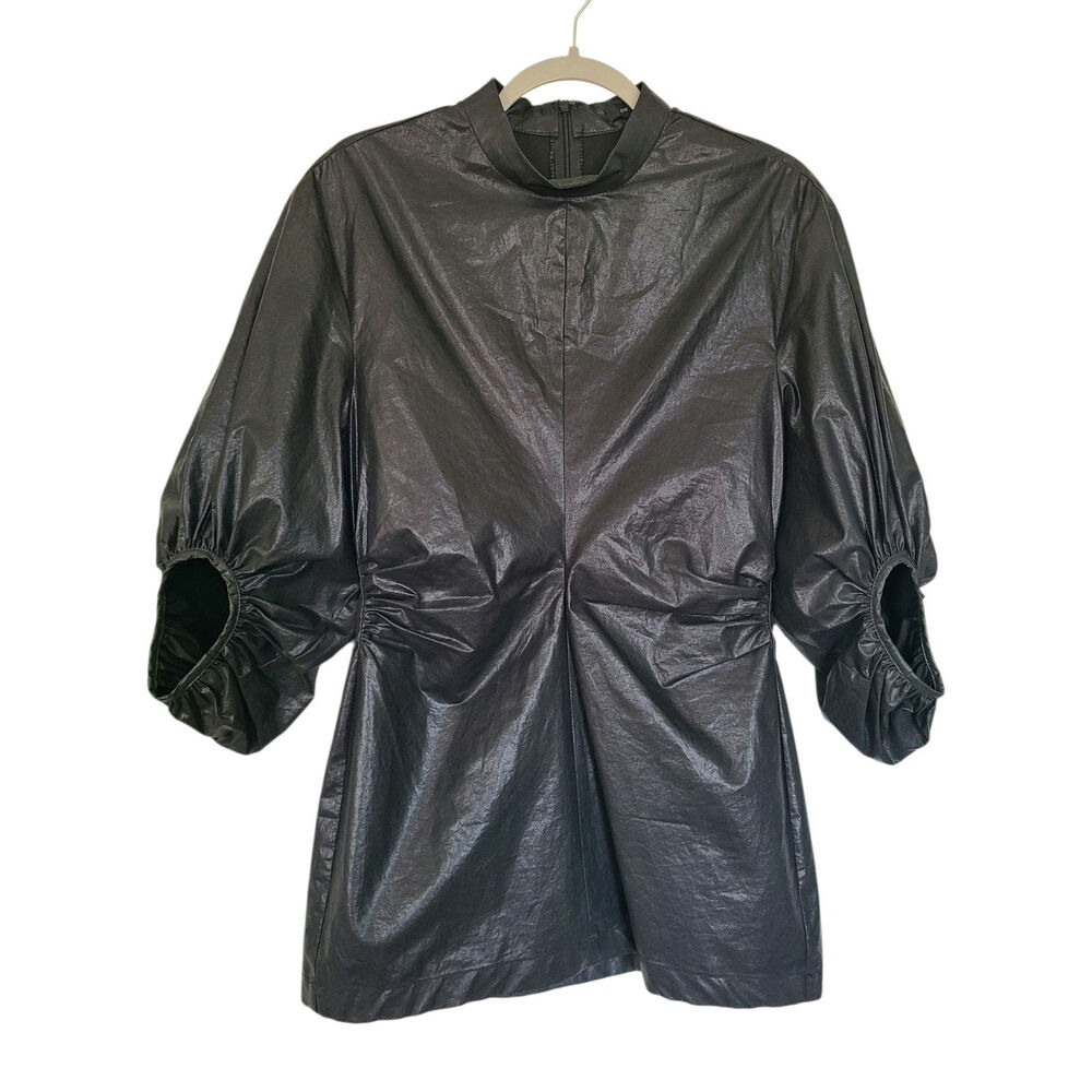 Low Classic Coated Cotton Mini Dress/Tunic Faux Leather Look Puff Sleeve Sz S